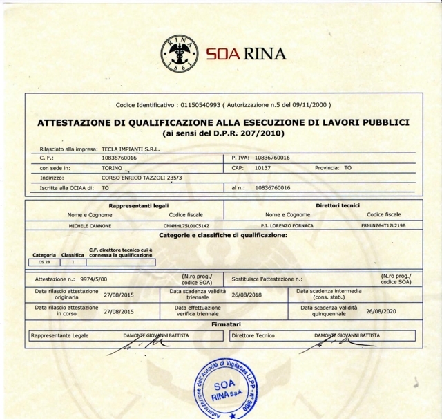 Certificato SOA Rina Tecla Impianti